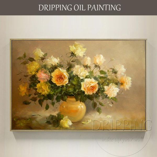 paintings pure hand-painted impressionist yellow rose flower oil painting beautiful vase flowers for wall decor